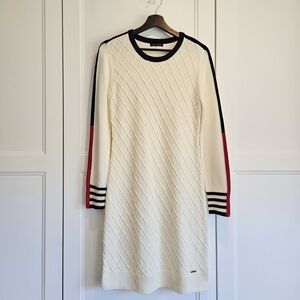 Tommy Hilfiger Cream Navy Red Stripes Cross Cable Knit Sweater Dress Women's M